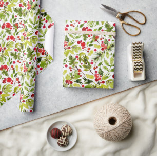 Watercolor Christmas Leaves and Berries Wrapping Paper