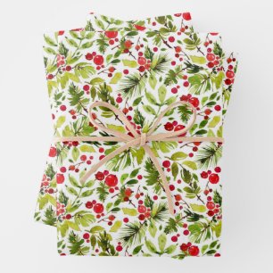 Watercolor Christmas Leaves and Berries Wrapping Paper Sheets