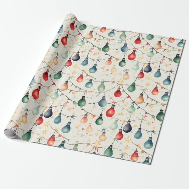 Watercolor Christmas Light Strand Garland Wrapping Paper (Unrolled)