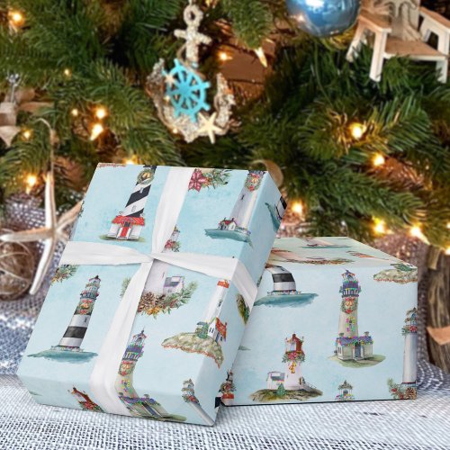 Watercolor Christmas Lighthouses Nautical Blue Wrapping Paper