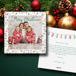 Watercolor Christmas Lights Cute Family Photo Holiday Card
