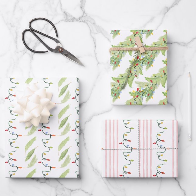 Watercolor Christmas Lights Wrapping Paper Sheets (Front)