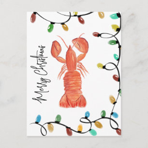 Watercolor Christmas Lobster Crawfish Crustacean Postcard