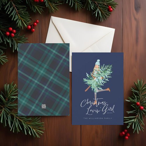 Watercolor Christmas Lovin Girl Holding Pine Tree Holiday Card