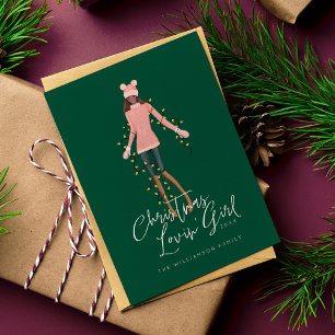 Watercolor Christmas Lovin' Girl Wrapped In Lights Holiday Card