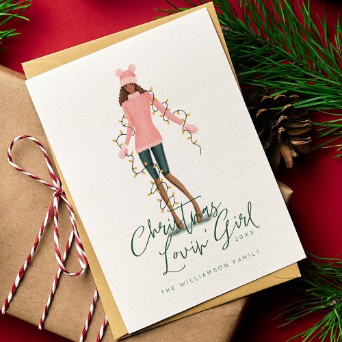 Watercolor Christmas Lovin Girl Wrapped In Lights Holiday Card
