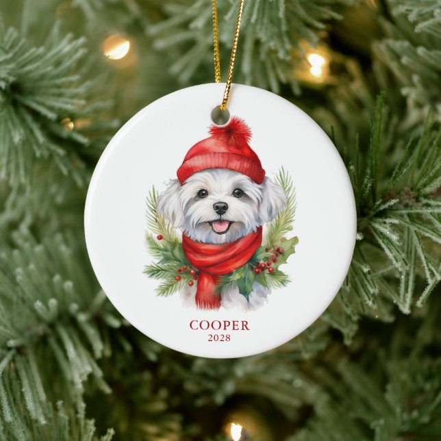 Watercolor Christmas Maltese Dog Photo Ceramic Ornament (Tree)