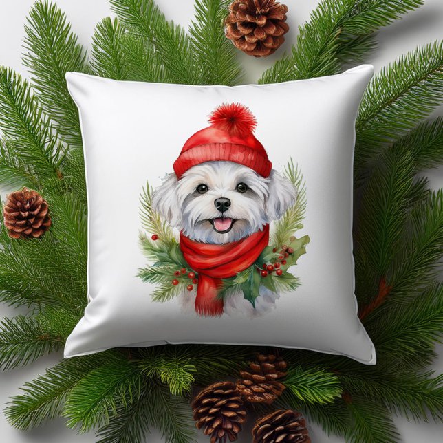 Watercolor Christmas Maltese Dog  Throw Pillow (Creator Uploaded)