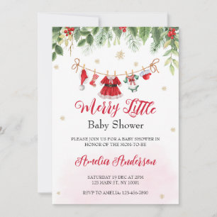 Watercolor Christmas Merry Little Girl Baby Shower Invitation