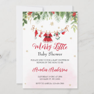 Watercolor Christmas Merry Little Girl Baby Shower Invitation