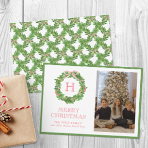Watercolor Christmas Monogram Bow Wreath Photo Holiday Card
