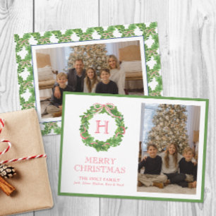 Watercolor Christmas Monogram Bow Wreath Photo Holiday Card