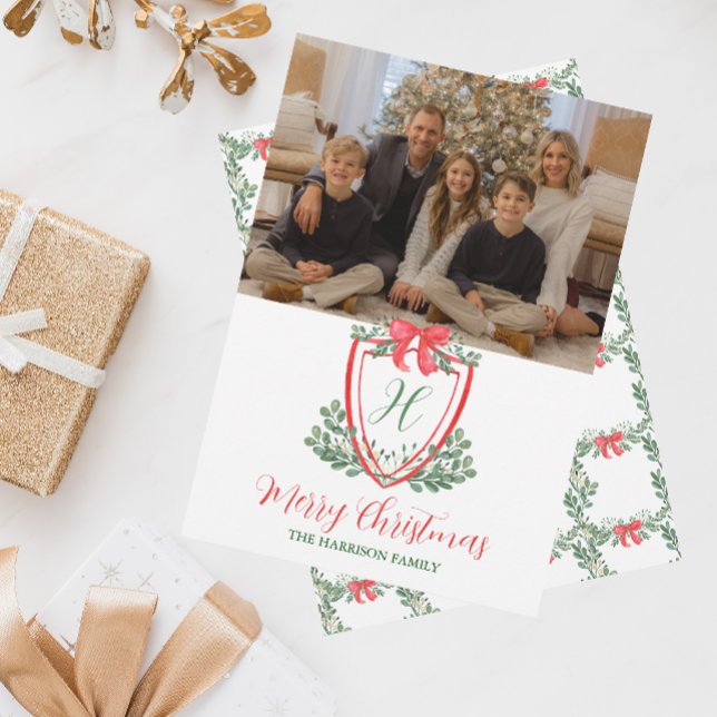 Watercolor Christmas Monogram Crest Holiday Card (Creator Uploaded)
