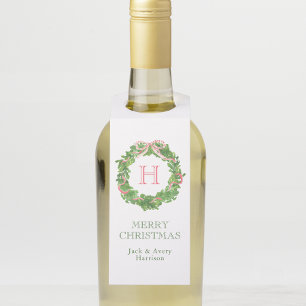 Watercolor Christmas Monogram Striped Bow Wreath Bottle Hanger Tag