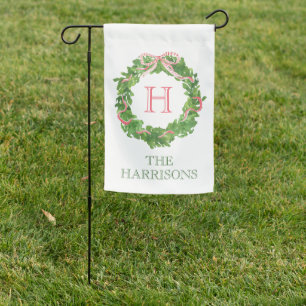 Watercolor Christmas Monogram Striped Bow Wreath Garden Flag