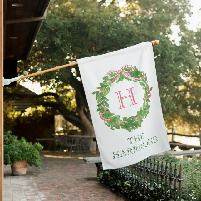 Watercolor Christmas Monogram Striped Bow Wreath House Flag (In SItu)