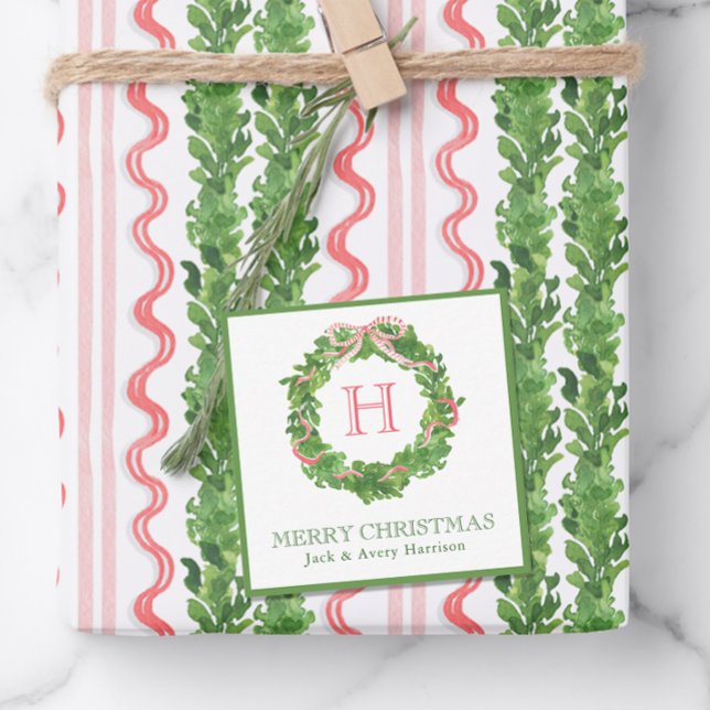 Watercolor Christmas Monogram Striped Bow Wreath Note Card (Creator Uploaded)