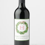 Watercolor Christmas Monogram Striped Bow Wreath Wine Label<br><div class="desc">PreppyPrint.com - Celebrate Christmas in style! Add your personalized touch! Transfer this design onto the products of your choice too! Please visit my designer store,  PreppyPrint.com,  for coordinating items.</div>