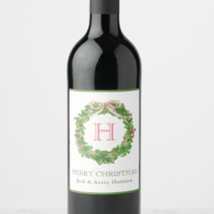 Watercolor Christmas Monogram Striped Bow Wreath Wine Label