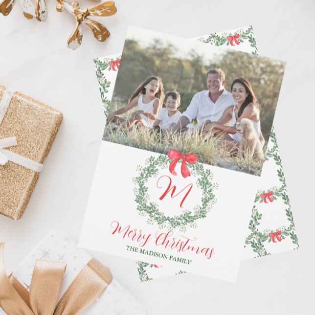 Watercolor Christmas Monogram Wreath Holiday Card (Creator Uploaded)