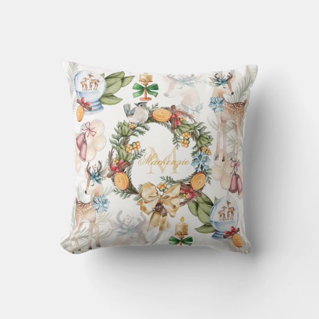 Watercolor Christmas Monogrammed Throw Pillow (Front)