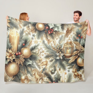 Watercolor Christmas Motif Holiday Gold Fleece Blanket