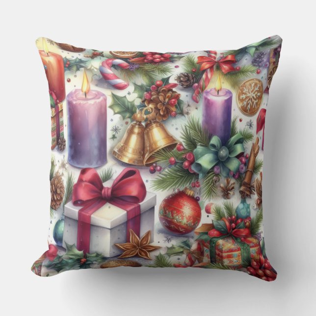 Watercolor Christmas Motif Holiday Throw Pillow (Front)