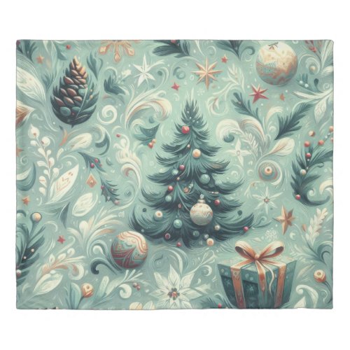 Watercolor Christmas Motif Holiday Whimsy Green Duvet Cover