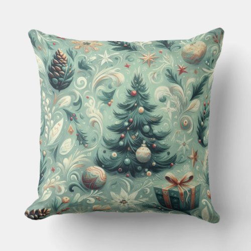 Watercolor Christmas Motif Holiday Whimsy Green Throw Pillow