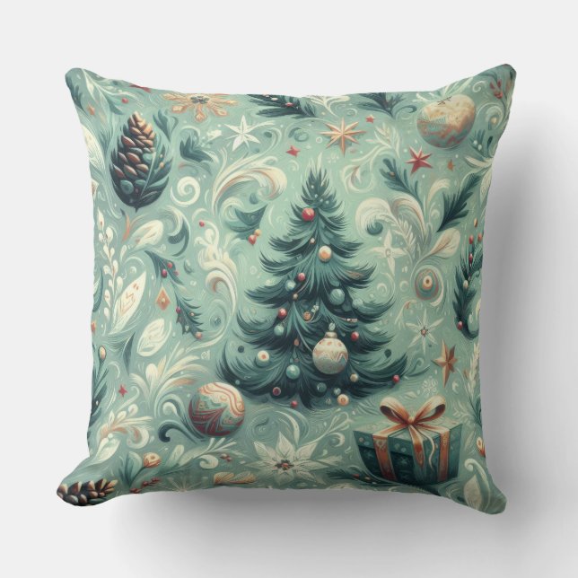 Watercolor Christmas Motif Holiday Whimsy Green Throw Pillow (Front)
