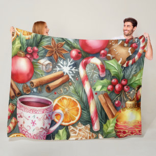 Watercolor Christmas Motifs Holiday Fleece Blanket