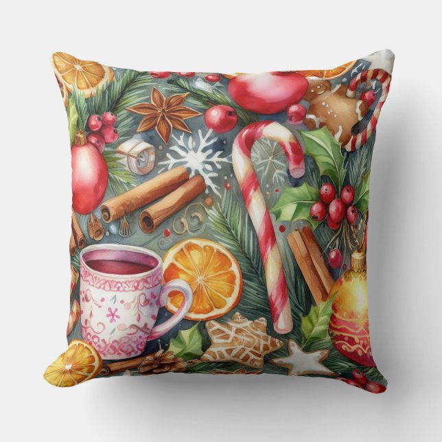 Watercolor Christmas Motifs Holiday Throw Pillow (Front)