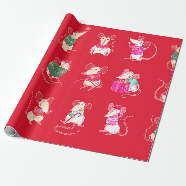 WATERCOLOR CHRISTMAS MOUSE GIFT WRAPPING  PAPER (Unrolled)
