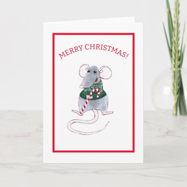 WATERCOLOR CHRISTMAS MOUSE WITH CANDY CANE NOTE CARD (Front)