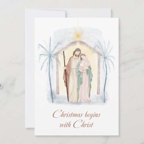 Watercolor Christmas Nativity Religious Brown Blue Holiday Card