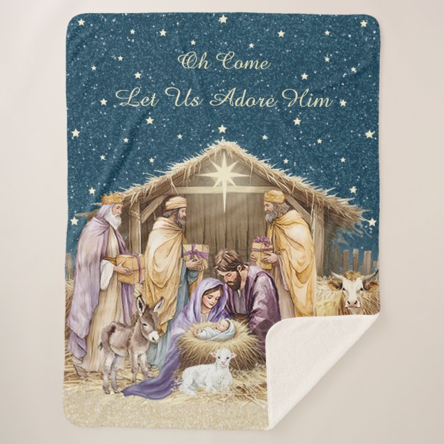 Watercolor Christmas Nativity Sherpa Blanket (Front)