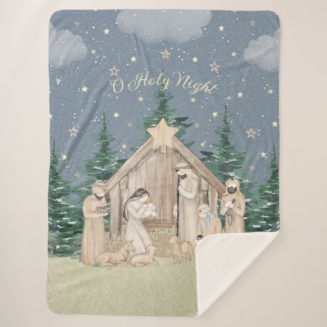 Watercolor Christmas Nativity Sherpa Blanket (Front)