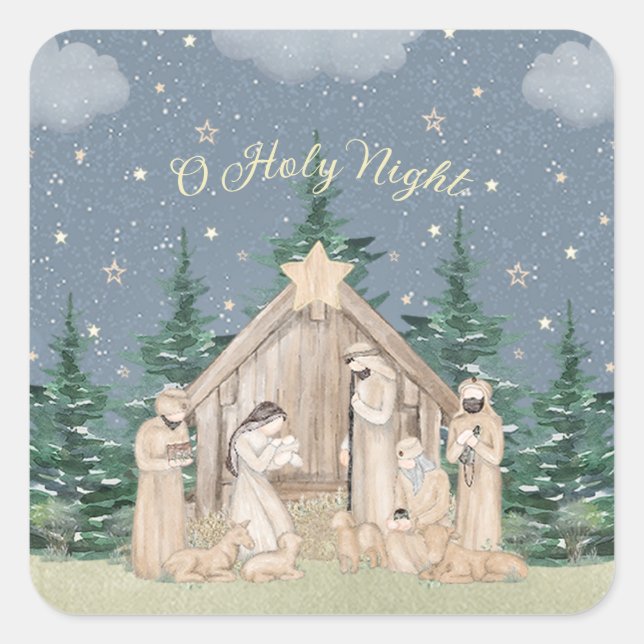 Watercolor Christmas Nativity Square Sticker (Front)