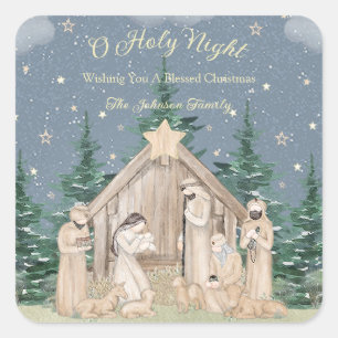 Watercolor Christmas Nativity Square Sticker