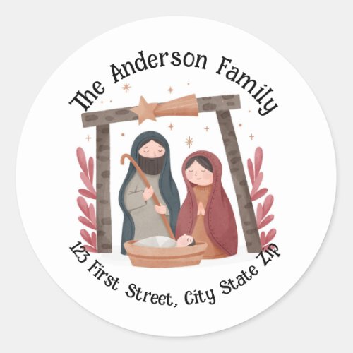 Watercolor Christmas Night Nativity Scene  Classic Round Sticker