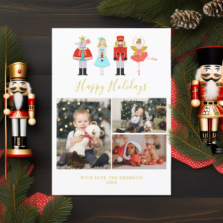 Watercolor Christmas Nutcracker 3 Photo Collage Holiday Card