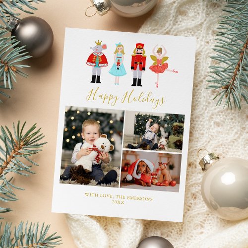 Watercolor Christmas Nutcracker 3 Photo Collage Holiday Card