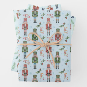 Watercolor Christmas Nutcrackers and Snowflakes Wrapping Paper Sheets