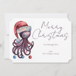 Watercolor Christmas Octopus wearing a Santa hat Holiday Card
