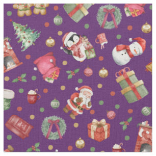 Watercolor Christmas on Dark Purple Fabric