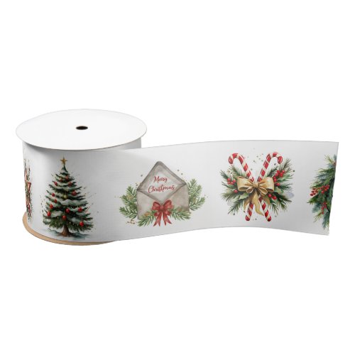 Watercolor Christmas On White Satin Ribbon