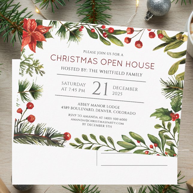 Watercolor Christmas Open House Party Invitation (Watercolor Christmas Open House Party Invitation)