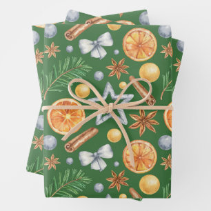 Watercolor Christmas Orange Spice, Evergreen Wrapping Paper Sheets