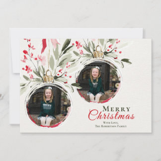 Watercolor Christmas Ornament Family 2 Photo Holiday Card