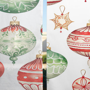 Watercolor Christmas Ornament Green Red Sheer Curtains